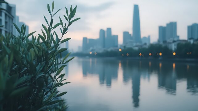 Blurred City Skyline Reflected in Calm Water at Dawn