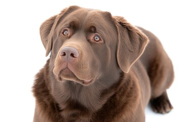 Chocolate Labrador Retriever looking up, close-up portrait against a white background.  The dog's rich brown coat, expressive eyes, and attentive posture are clearly visible