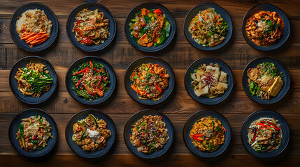 A vibrant display of diverse Asian dishes arranged on wooden tables, showcasing various colors and textures