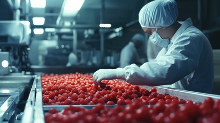 A food processing worker in a lab coat inspects red berries on a conveyor belt.
