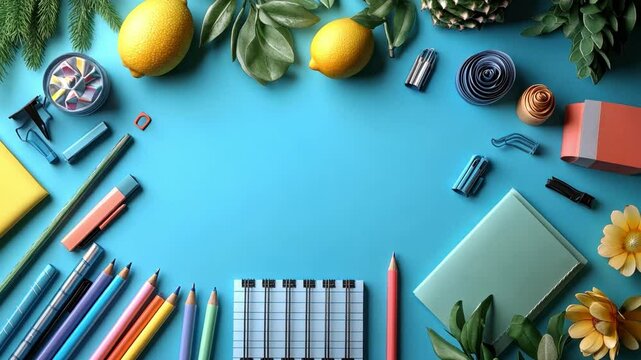 Aesthetic Arrangement: A vibrant composition of lemons, stationery and decorative elements, arranged on a captivating blue surface, forming a visually appealing decorative border.