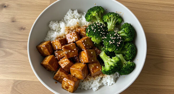 Delicious Teriyaki Tofu With Steamed Broccoli Served on Fluffy Rice