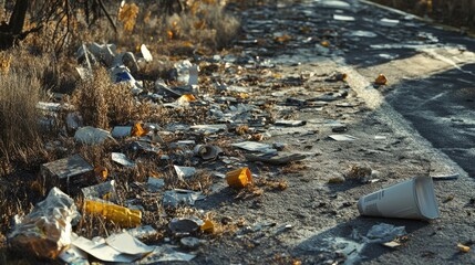 Obraz premium Environmental pollution: roadside litter and trash scattered along a rural road