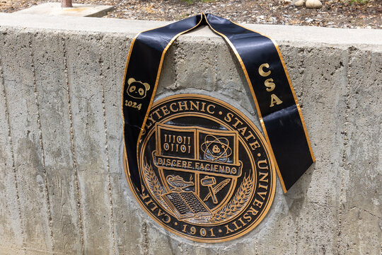 San Luis Obispo, CA -  May 3 2025: Graduation sash hanging over the Cal Poly crest