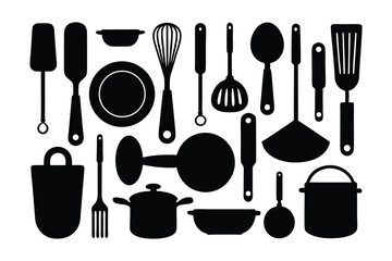 set of kitchen elements icon silhouette line art vector illustration