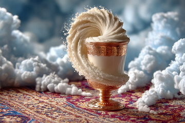 Swirling frothy ayran in shiny copper goblet creates a spectacular visual. Soft focus on Anatolian carpet adds cultural context. Concept of beverages, culinary art, traditional dining