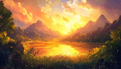 Fototapeta premium Golden sunset over a tranquil mountain lake.