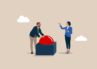 Business people presses the start red button. Push start. Modern flat vector illustration. 