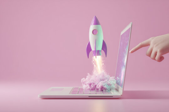 A laptop on a pastel pink surface features a colorful rocket taking off from its screen. A hand points toward the laptop, emphasizing a playful interaction with technology and imagination