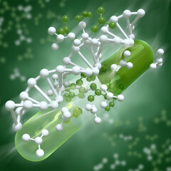 Medical conceptual background, opened capsule with medicine, DNA level restoration, stem cells, molecules, 3d rendering