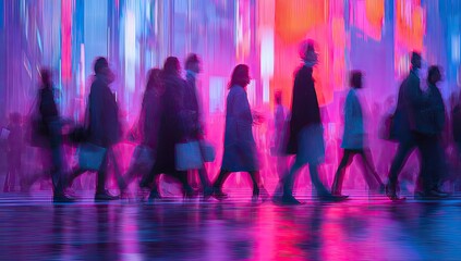 Blurred silhouettes of people walking in a brightly lit urban space