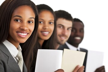 A close-up of four job applicants lined up for an interview, each holding a resume, with varying expressions of hope and anticipation.