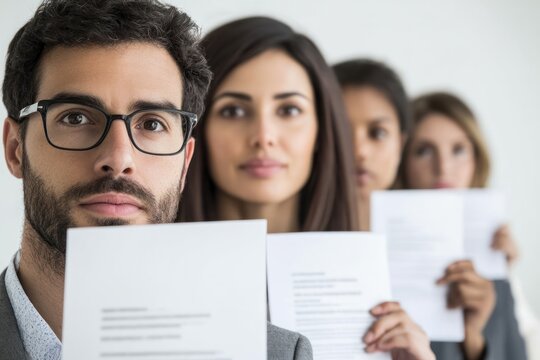 A close-up of four job applicants lined up for an interview, each holding a resume, with varying expressions of hope and anticipation.