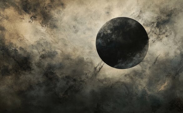 Dark celestial body amidst turbulent clouds