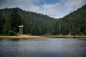 Lake Synevyr surrounded by dense coniferous forest, a mountain reservoir in Ukraine
