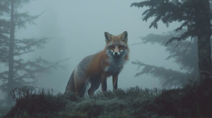 Majestic red fox in misty forest morning scene