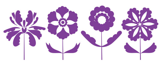 Flat vector collection of purple flowers of different shapes and leaves, located on a white background. Can be used for promotional t-shirts, banner prints, posters, covers.
