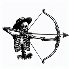Skeleton Archer in Cowboy Hat Bow Drawn Ready to Fire