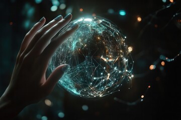 A female hand reaching out to touch a transparent digital globe, surrounded by interconnected data nodes, representing a futuristic vision of the metaverse