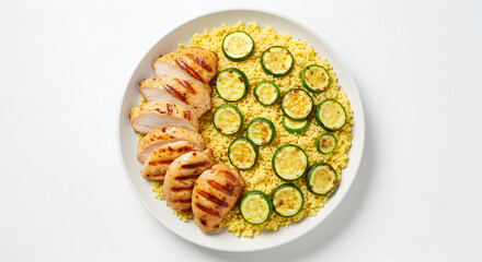 Balanced Meal Of Grilled Chicken Breast With Couscous And Zucchini Slices
