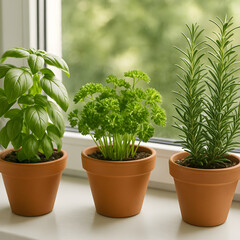 Fototapeta premium Fresh herbs growing vibrantly in terracotta pots, basil, parsley, rosemary clustered near sunny window, green kitchen decor
