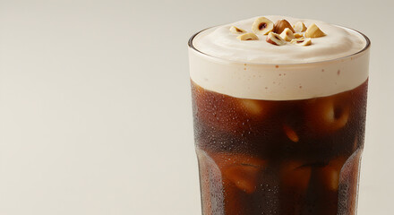 Refreshing Iced Coffee Drink Topped With Cream And Chopped Hazelnuts