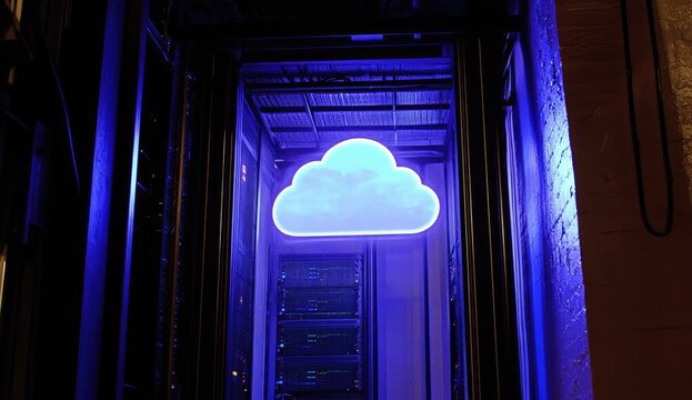 Luminous cloud symbol in a server room.  A large, illuminated blue cloud graphic hangs in the center of a server rack.  Cool, dimly lit interior, filled with server equipment - Powered by Adobe