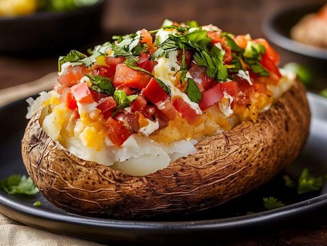 Delicious jacket potato topped with sour cream, tomatoes, and cheese