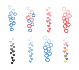 Set of colorful vector hearts for stream. Vector illustration, Like and Heart icon. Live stream video, chat, likes. Social nets like red heart web buttons isolated on Transparent Background