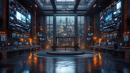 Futuristic control room, city view, monitoring screens, night