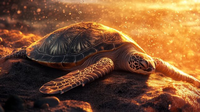 A sleepy sea turtle resting on a rock, enjoying the warm underwater light.