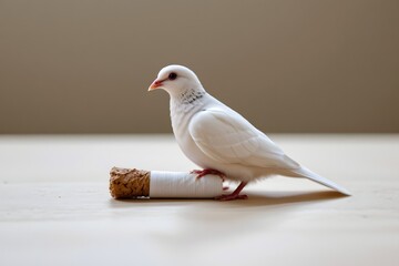 Pigeon Resting on Cigarette: A stark yet artful depiction of a pristine white pigeon perched atop a cigarette butt, a visual metaphor for a crucial message about the impact on the environment. © Guy