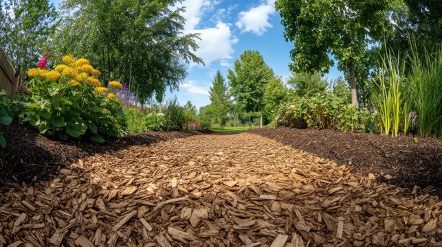 Garden Path Landscape Design: Wooden Mulch Pathway, Lush Greenery, and Vibrant Flowers