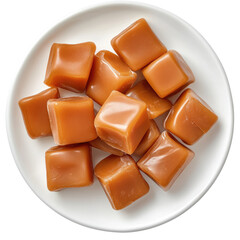 Delicious transparent png caramel candies on white plate sweet treats food photography bright kitchen setting close-up view tempting desserts