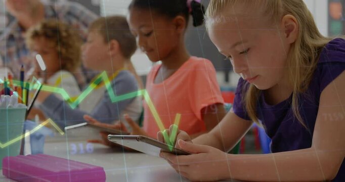 Teacher guiding students in education classroom, with neon green line charts floating over tablets