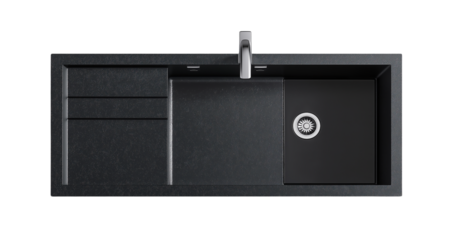 Top view of black kitchen sink on transparent background, cutout.