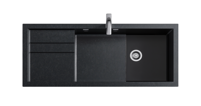 Top view of black kitchen sink on transparent background, cutout.