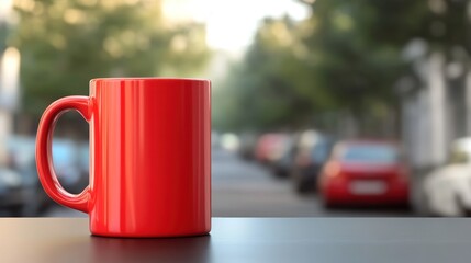 Obraz premium Red Mug on Table, City Street Background