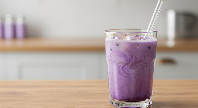 Iced Taro Latte With a Swirl in a Glass on a Wooden Table