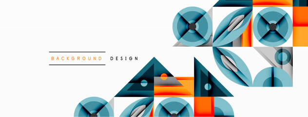 Geometric shapes, blue, orange hues create modern design. Minimalist pattern suits backgrounds, banners, presentations. Clean lines, vibrant colors.