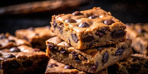 Close-up of a stack of freshly baked chocolate chip bars, showcasing their rich, golden-brown color and chewy texture.