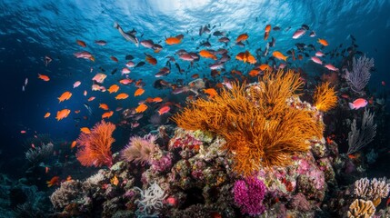 Naklejka premium A stunning coral reef teeming with colorful fish, sea fans, and anemones swaying in the current.