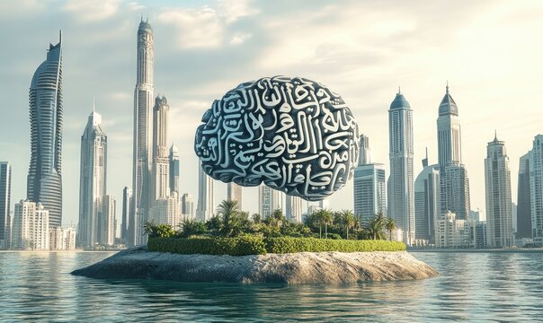 Floating brain island cityscape