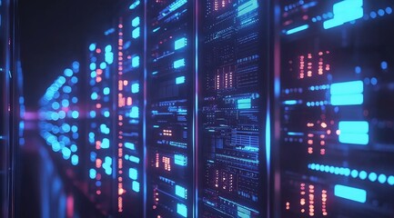 Naklejka premium Illuminated server cabinets with vibrant blue and purple LEDs in a dark data center environment, perfect for illustrating cybersecurity, AI systems, and cloud computing concepts