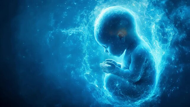 A glowing fetus in the womb, surrounded by glowing energy or fluid resembling amniotic fluid. The fetus is in the fetal position.