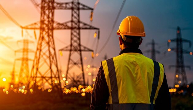 Electrical Engineer In Safety Gear Overlooking Power Transmission Lines At Sunset