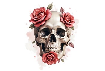 Watercolor Skull Tattoo, Red Roses, AI