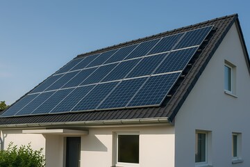 Fototapeta premium Blue photovoltaic solar panels on a green house roof use sunlight for clean renewable electricity, benefiting the environment and ecology