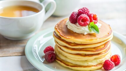 A stack of fluffy pancakes topped with whipped cream and fresh raspberries, served with a cup of tea on the side.