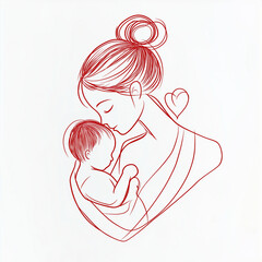 Minimalist Red Line Drawing of Mother Holding Baby with Heart-Shaped Hair Bun &ndash; Symbolic Family Bond Art on White Background
